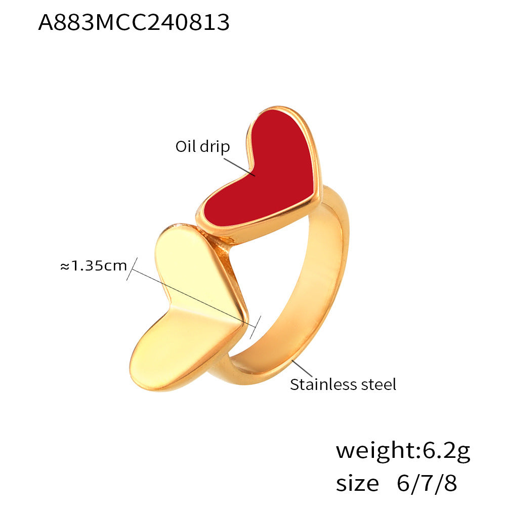 Stainless steel plated 18K genuine gold heart-shaped glazed index finger ring