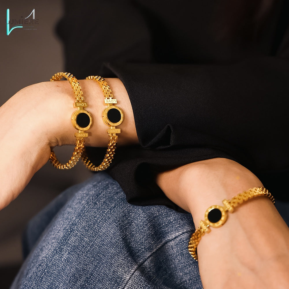Hollow out imitation watch strap design bracelet titanium steel plated with 18k gold