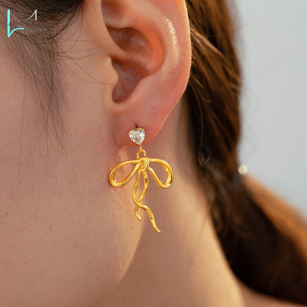 Zircon ribbon bow tassel earrings