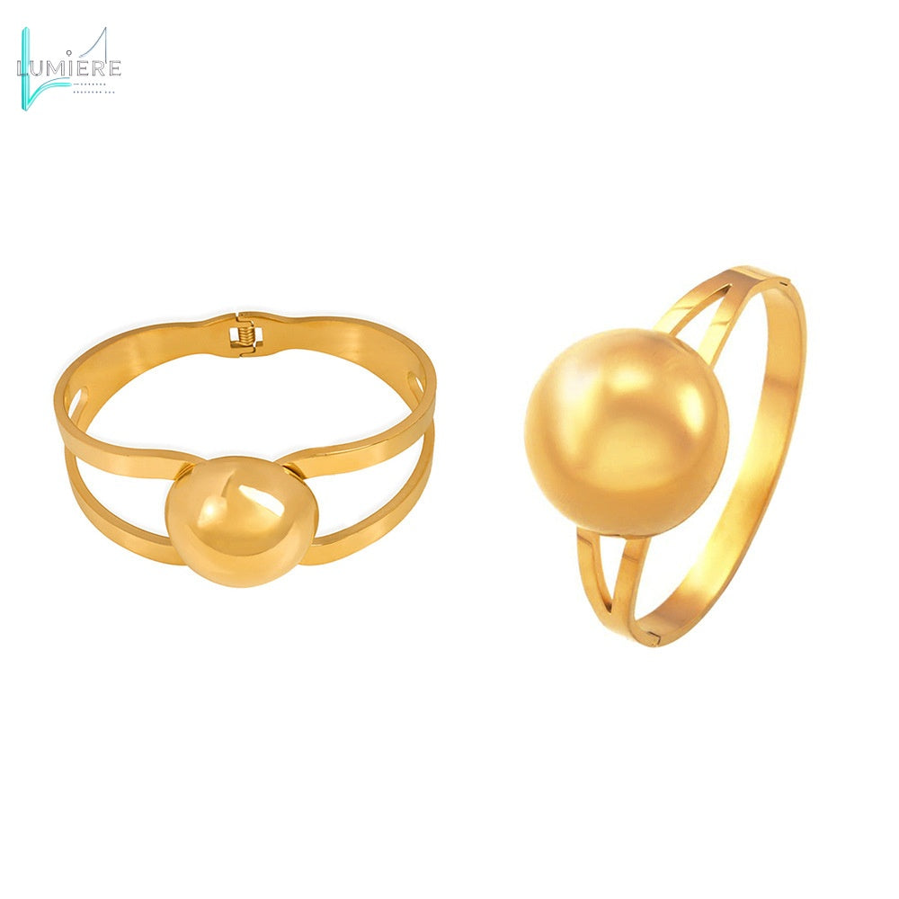Large round bead hollow titanium steel hand ring titanium steel plated with 18k gold