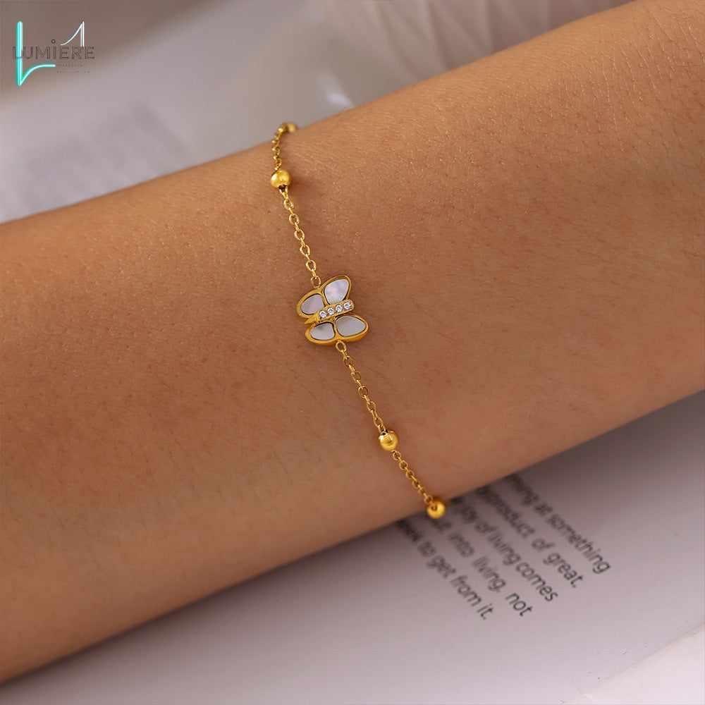 Zircon Titanium Steel 18k Gold Butterfly Ball Bracelet
