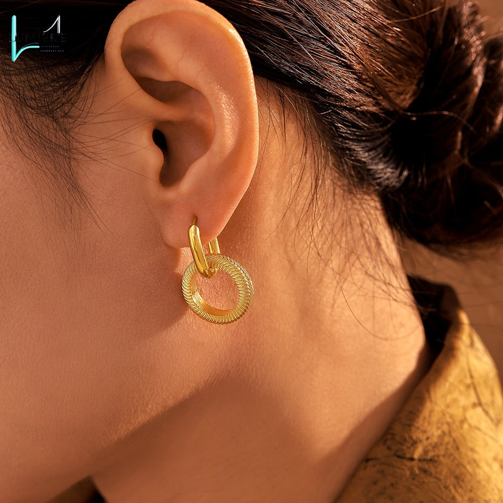 Stainless steel PVD electroplated double ring threaded earrings