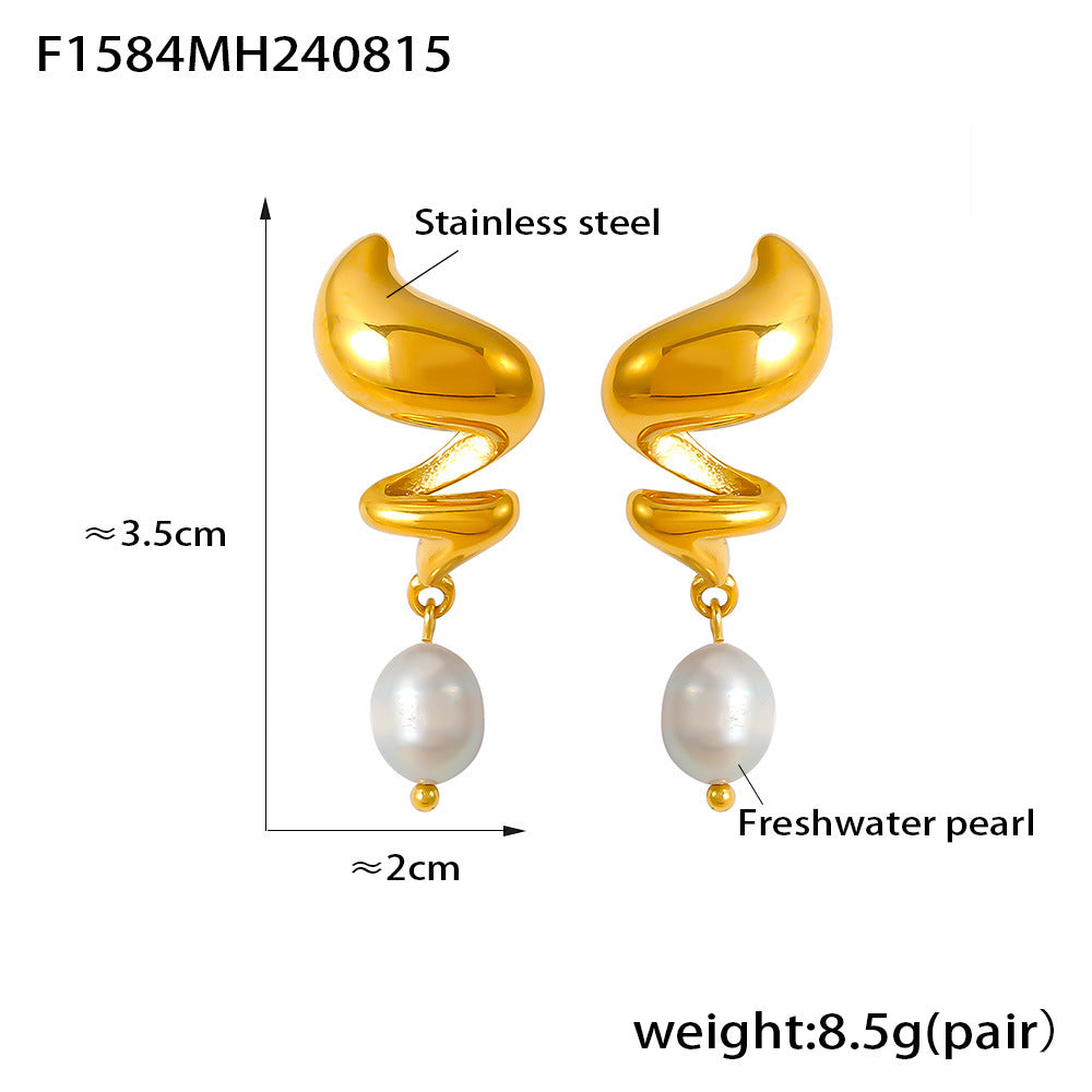 Stainless steel 18k gold spiral freshwater pearl earrings