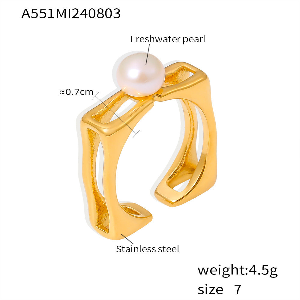 Stainless steel plated 18K gold square hollow pearl ring