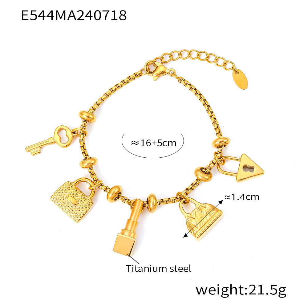 Titanium plated 18K gold multi-element hanging tag with diamond inlaid pendant bracelet