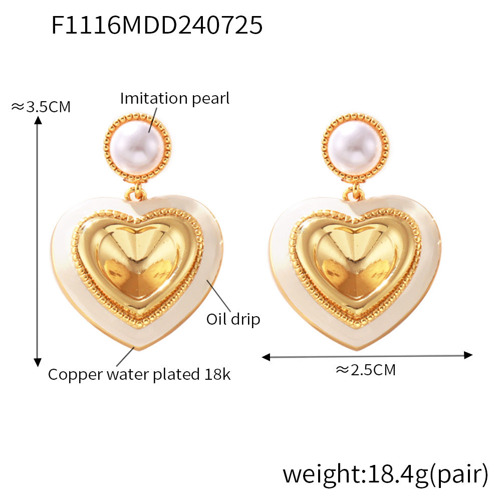 Imitation pearl heart-shaped three-dimensional glass stone full earrings
