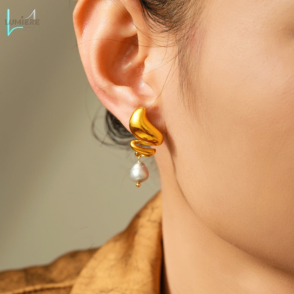 Stainless steel 18k gold spiral freshwater pearl earrings