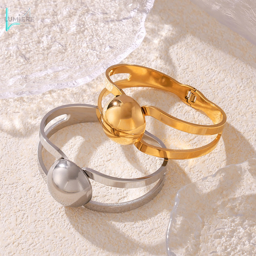 Large round bead hollow titanium steel hand ring titanium steel plated with 18k gold
