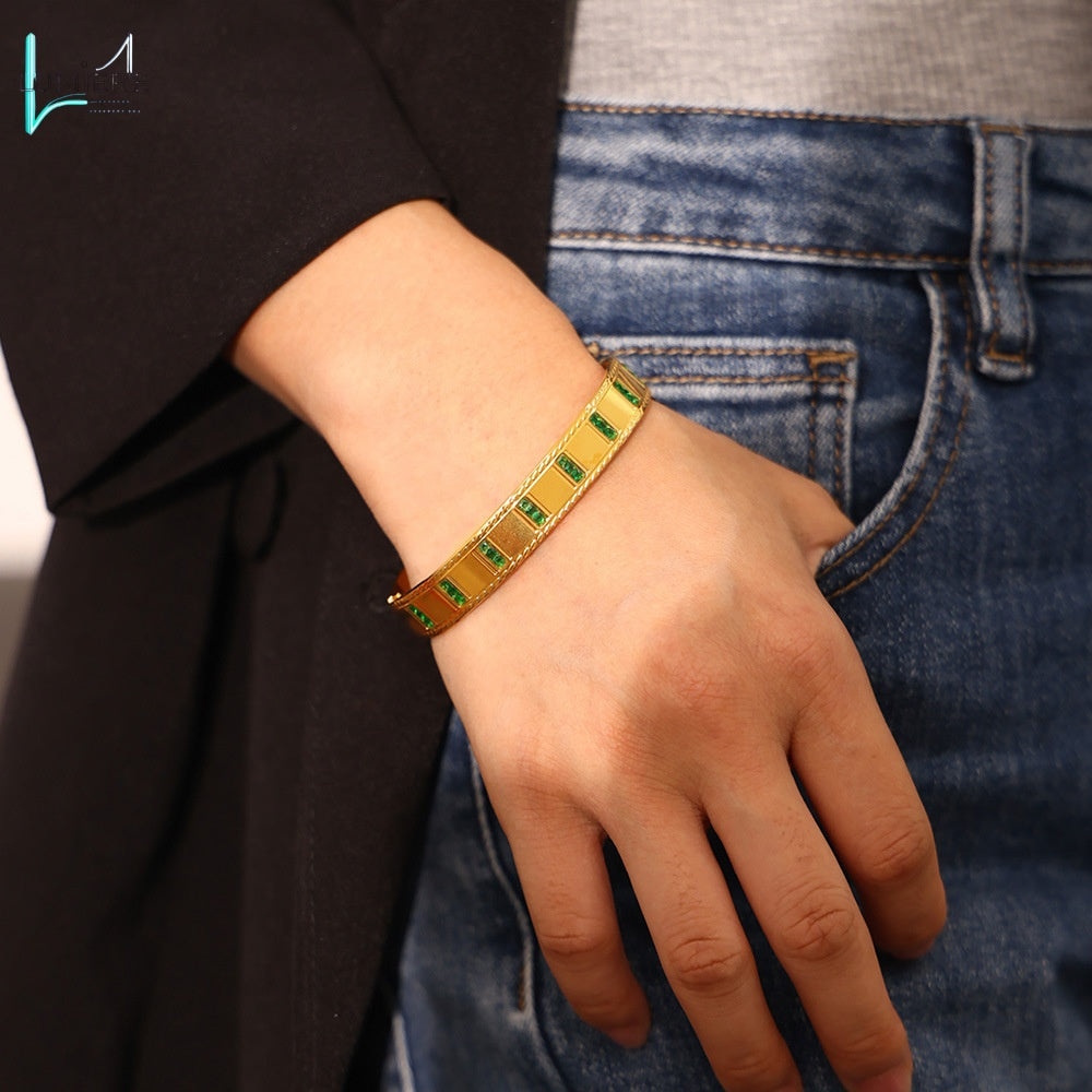 Inlaid natural green glass stone bracelet with titanium steel plated with 18K gold