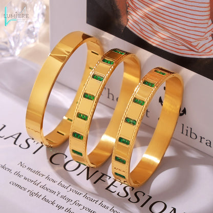 Inlaid natural green glass stone bracelet with titanium steel plated with 18K gold