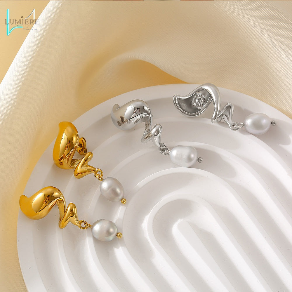 Stainless steel 18k gold spiral freshwater pearl earrings