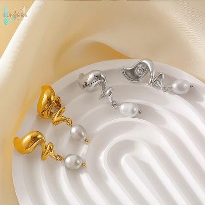 Stainless steel 18k gold spiral freshwater pearl earrings