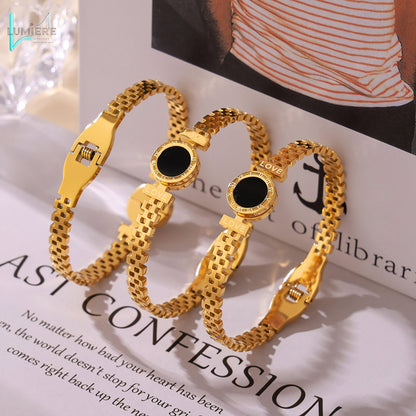 Hollow out imitation watch strap design bracelet titanium steel plated with 18k gold