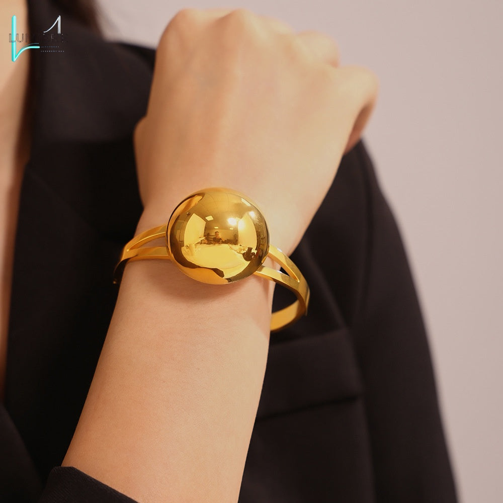 Large round bead hollow titanium steel hand ring titanium steel plated with 18k gold