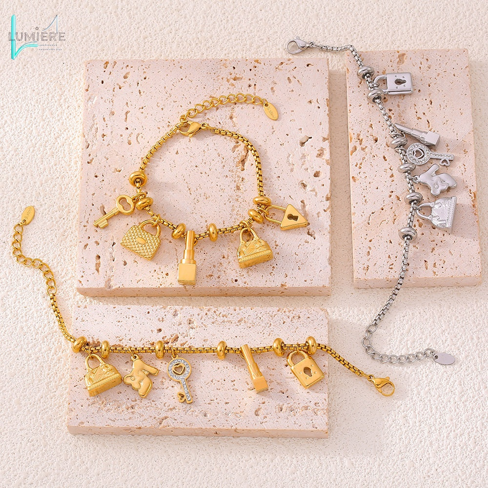 Titanium plated 18K gold multi-element hanging tag with diamond inlaid pendant bracelet
