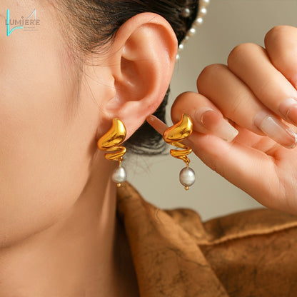 Stainless steel 18k gold spiral freshwater pearl earrings