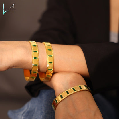 Inlaid natural green glass stone bracelet with titanium steel plated with 18K gold