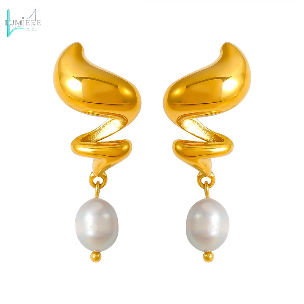 Stainless steel 18k gold spiral freshwater pearl earrings