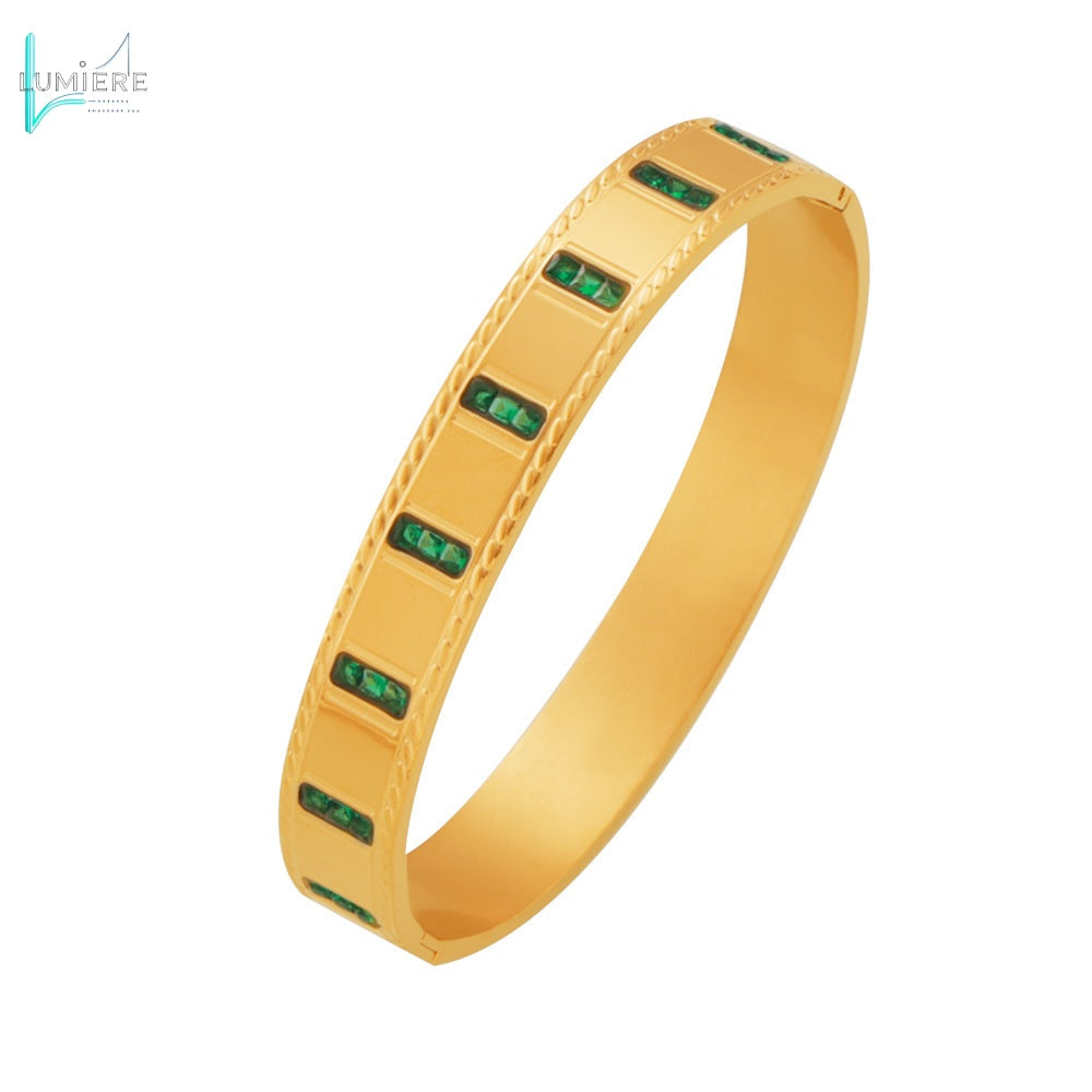 Inlaid natural green glass stone bracelet with titanium steel plated with 18K gold