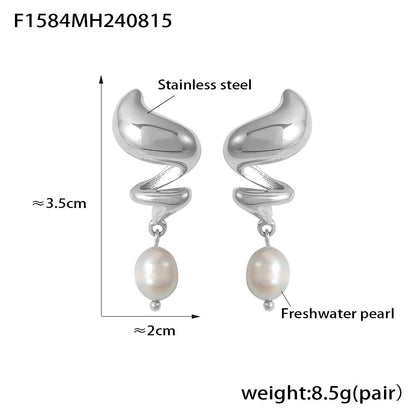 Stainless steel 18k gold spiral freshwater pearl earrings